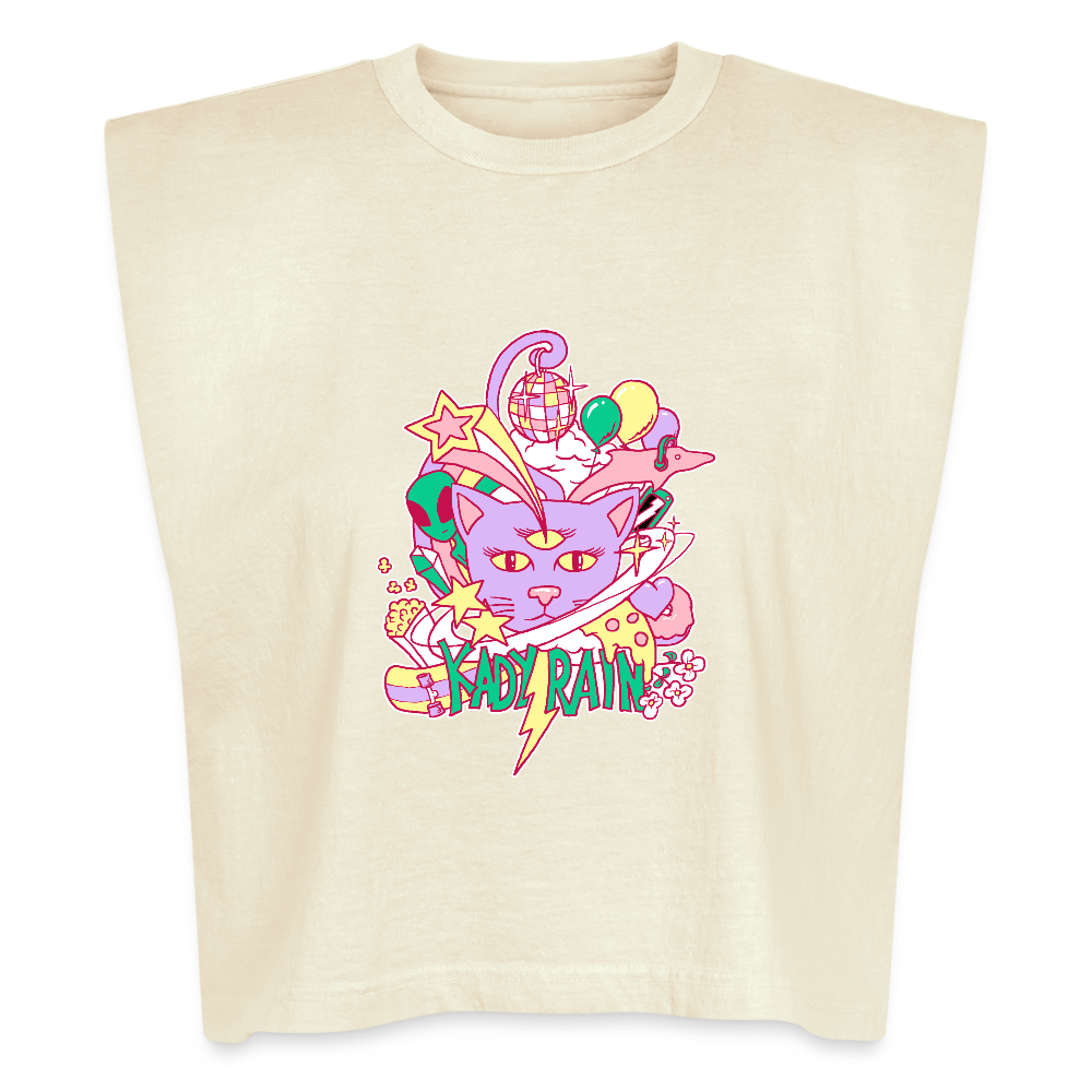 Kady Rain Space Cat American Apparel Women's Garment Dyed Muscle Tank - faded cream
