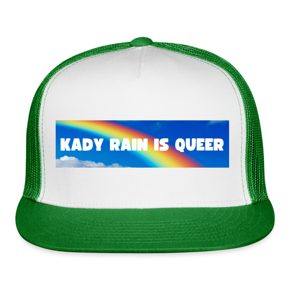 Kady Rain is Queer Trucker Hat - white/kelly green